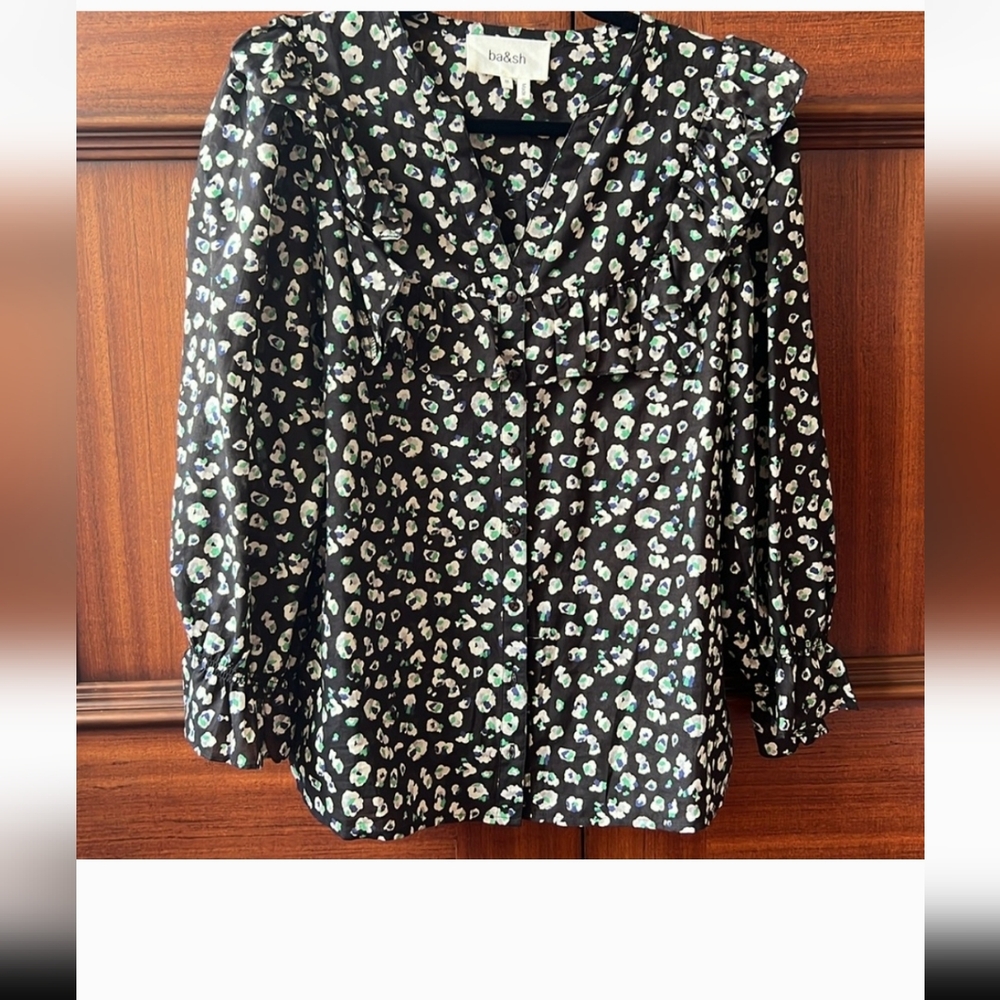 BA&SH Lady Blouse in Black Green Floral Button Down Ruffle Detail